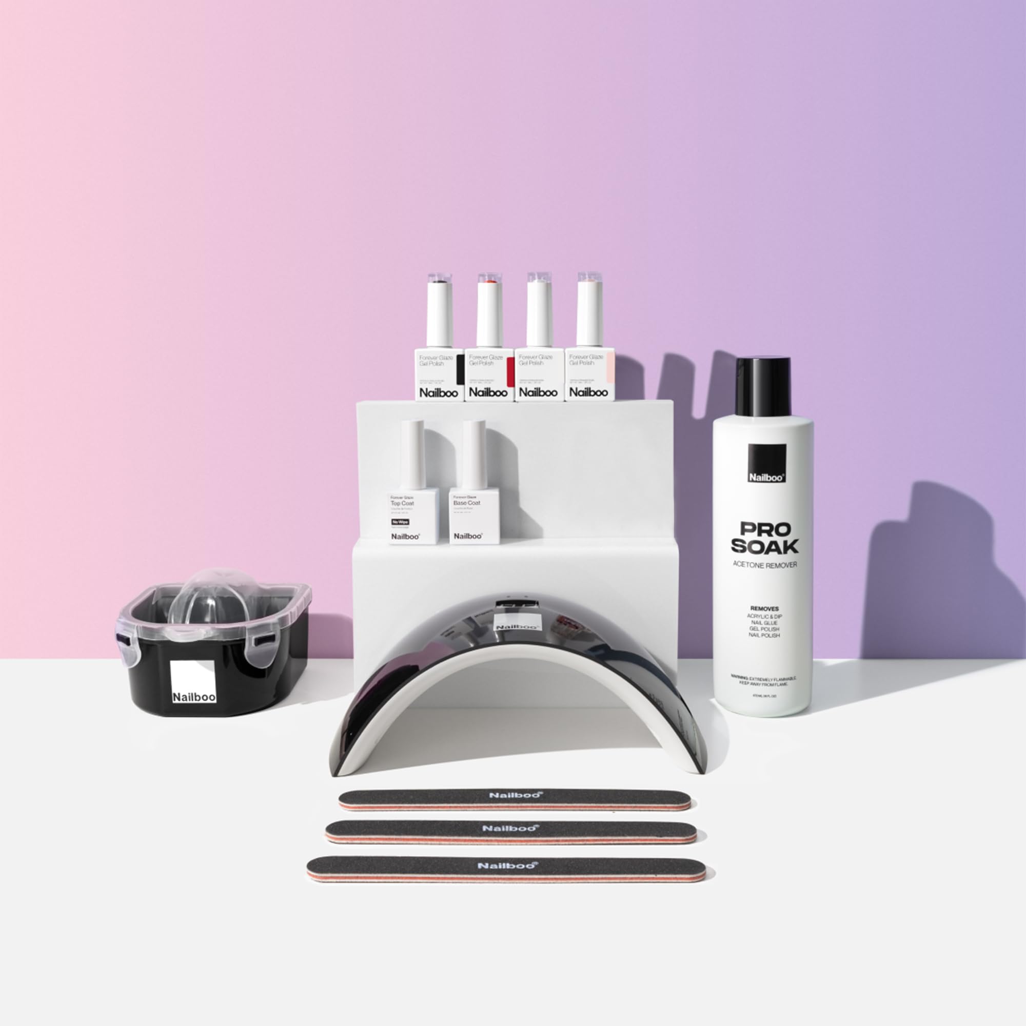 Nailboo Gel Nail Polish Kit with UV Lamp - 4 Forever Glaze Gel Polishes, Acetone Remover, Soak Bowl, Base Coat, 3 Nail Files, No