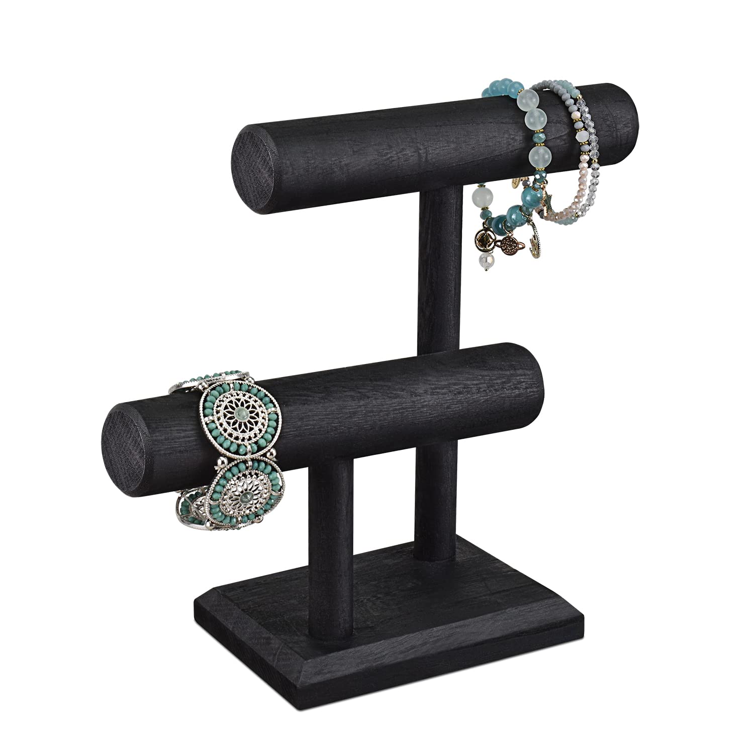 Ikee Design 2 Tier Wooden Jewelry Bracelet Watch Display Tower, Bangle Scrunchie Necklace Holder Storage Stand, 7.9 W x 4.3 D x 