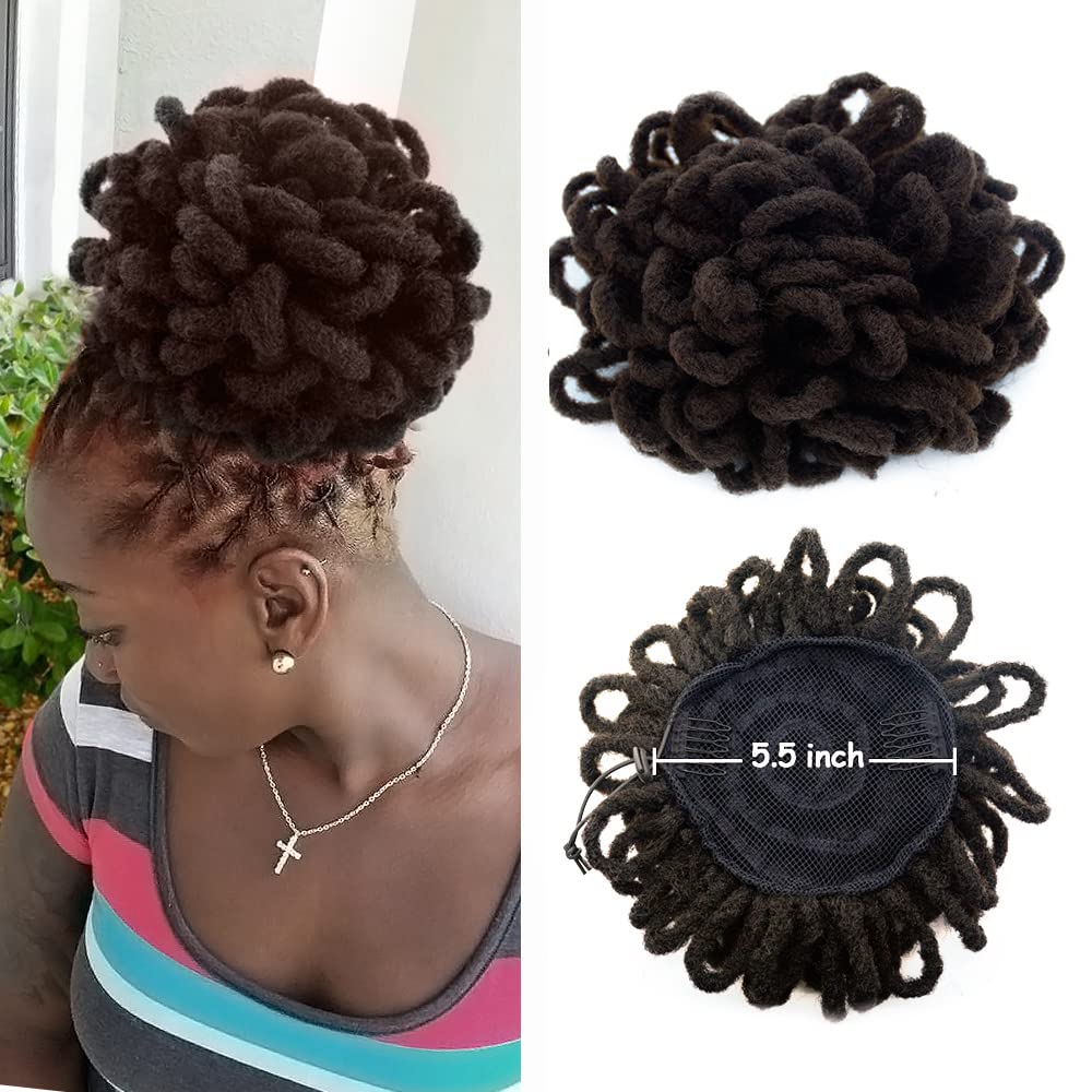 Afro Puff Drawstring Ponytail Dreadlocks Chignon Faux Locs Braids Bun Hair Synthetic Clip in Hair Extensions for Black Women(4#)