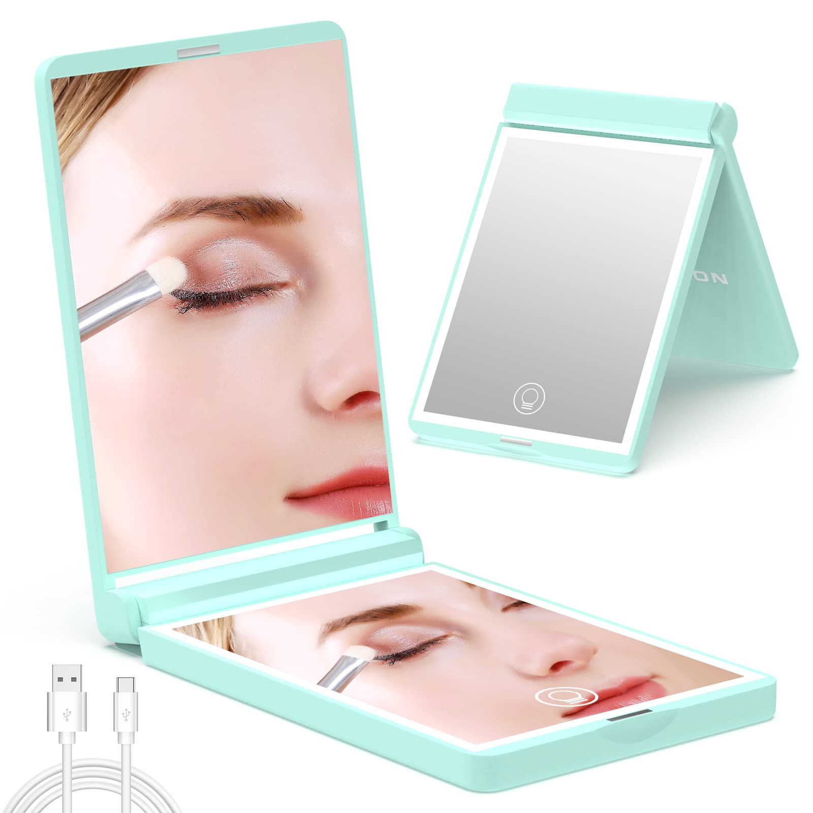 WOBSION Lighted Compact Mirror, Rechargeable Travel Makeup Mirror with Light,1x/3x Magnifying,300Flip Folding Portable Mirror,Di