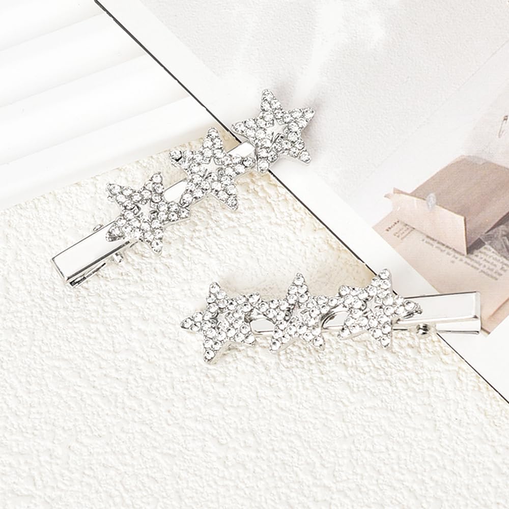 Star Hair Clips Silver Y2K Rhinestones Bling Bling Star Clip For Hair Alligator Clips Barrettes Hair Pins Non Slip Metal Side Ha