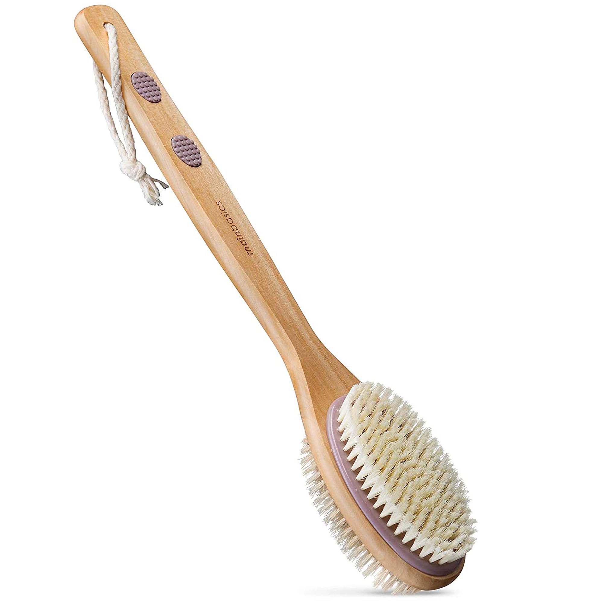 Mainbasics Back Scrubber For Shower Long Handle Back Brush Dual-Sided With Exfoliating And Soft Bristles (Lavender, Wood)