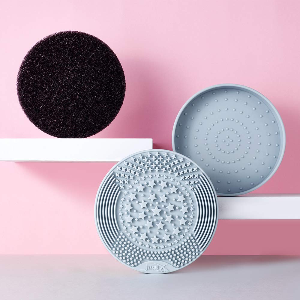 Jessup Makeup Brush Cleaning Mat With Color Removal Sponge, 2 In 1 Silicone Makeup Brush Cleaner