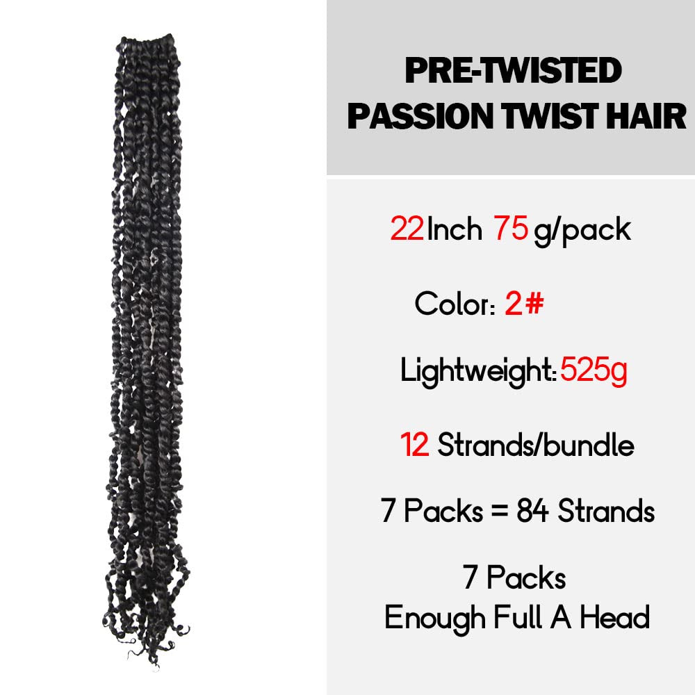 Wudas Long Passion Twist Hair 22 Inch Pre-Twisted Passion Twists Crochet Hair Off Black Pre-Looped Synthetic Crochet Braids (7 P