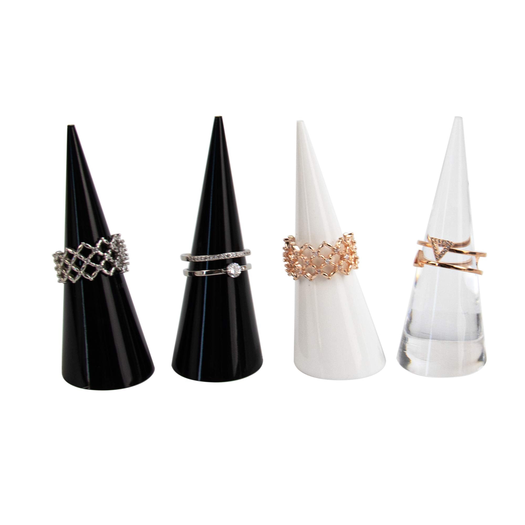 AUEAR, 6 Pack Cone Shape Acrylic for Jewelry Showcase Display Stand (Clear & Black & White)