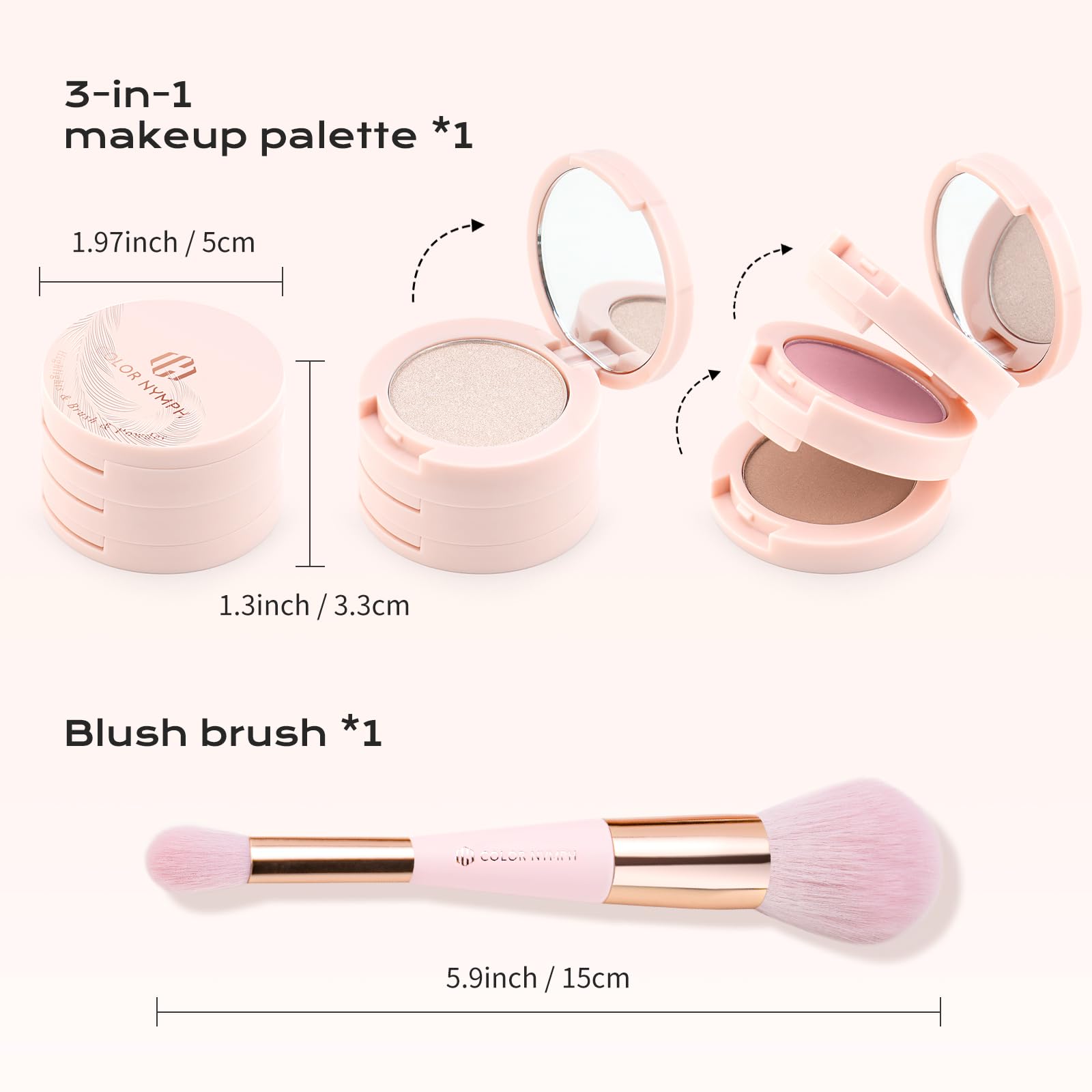 Color Nymph 3 Colors Contour Blush Highlighter Makeup Palette, Travel Size Make up Kit, Blush & Highlighter & Contour Powder Pal