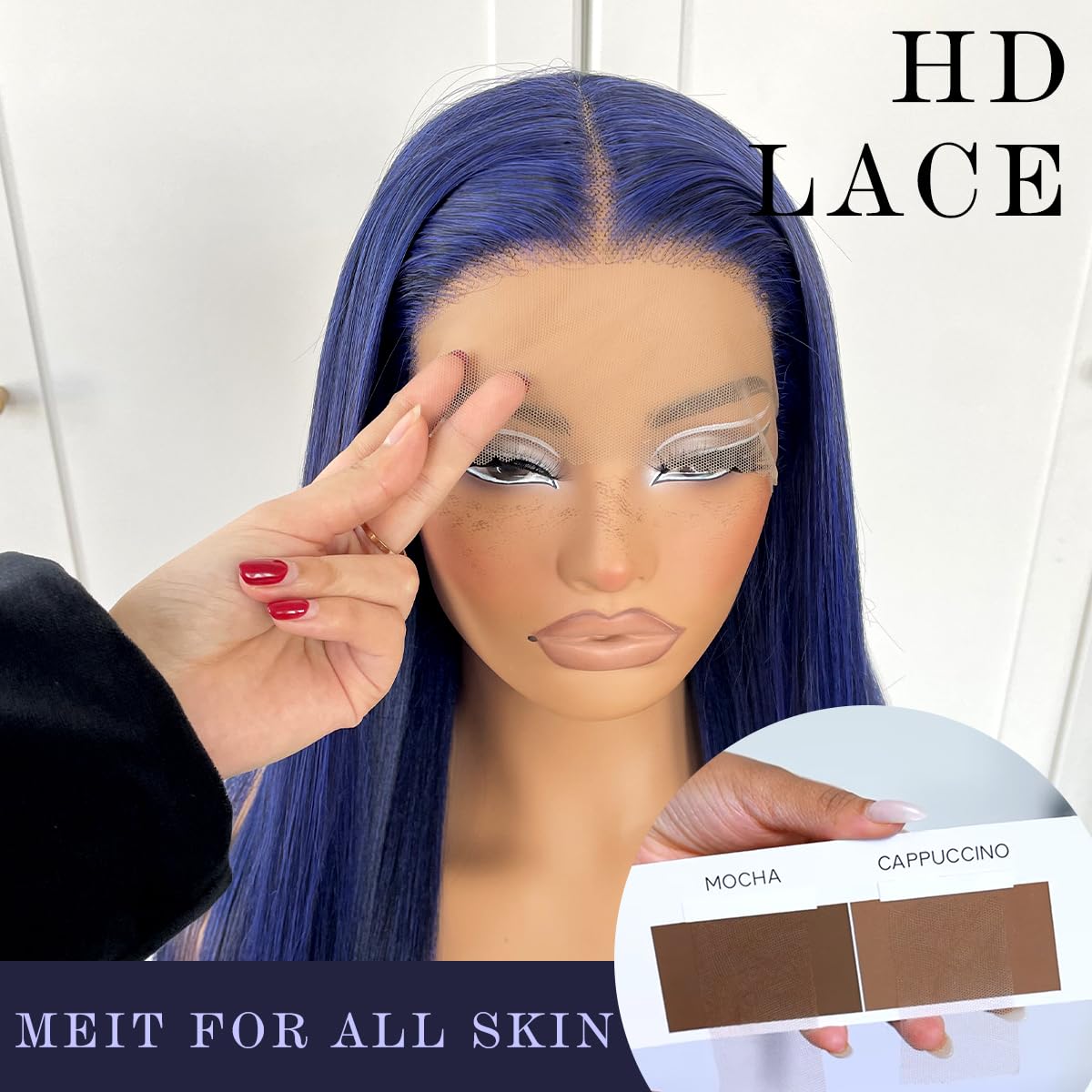 Mitimes Blue Straight Hd Lace Front Wig Pre-Plucked Glueless Synthetic Dark Blue Lace Front Wig For Fashion Women Transparent La