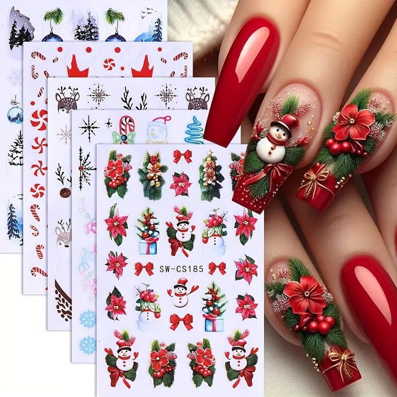 Christmas Nail Art Stickers Decals Snowman Candy Cane Christmas Nail Stickers 5PCS 3D Self-Adhesive Snowflake Ball Flower Deer D