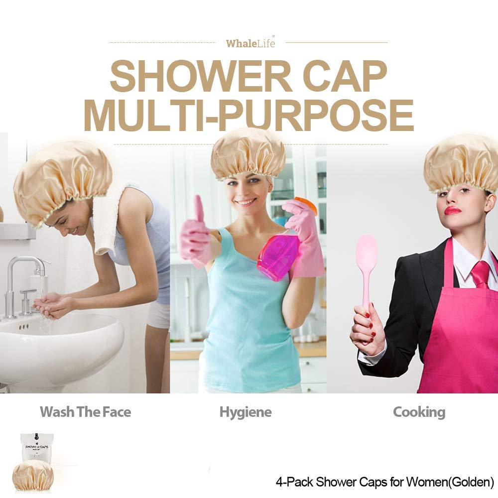 Shower Cap For Women Reusable Extra Large Shower Cap For Men (Golden 4 Pack Large) Satin Double Layer Eva Waterproof Long Hair C