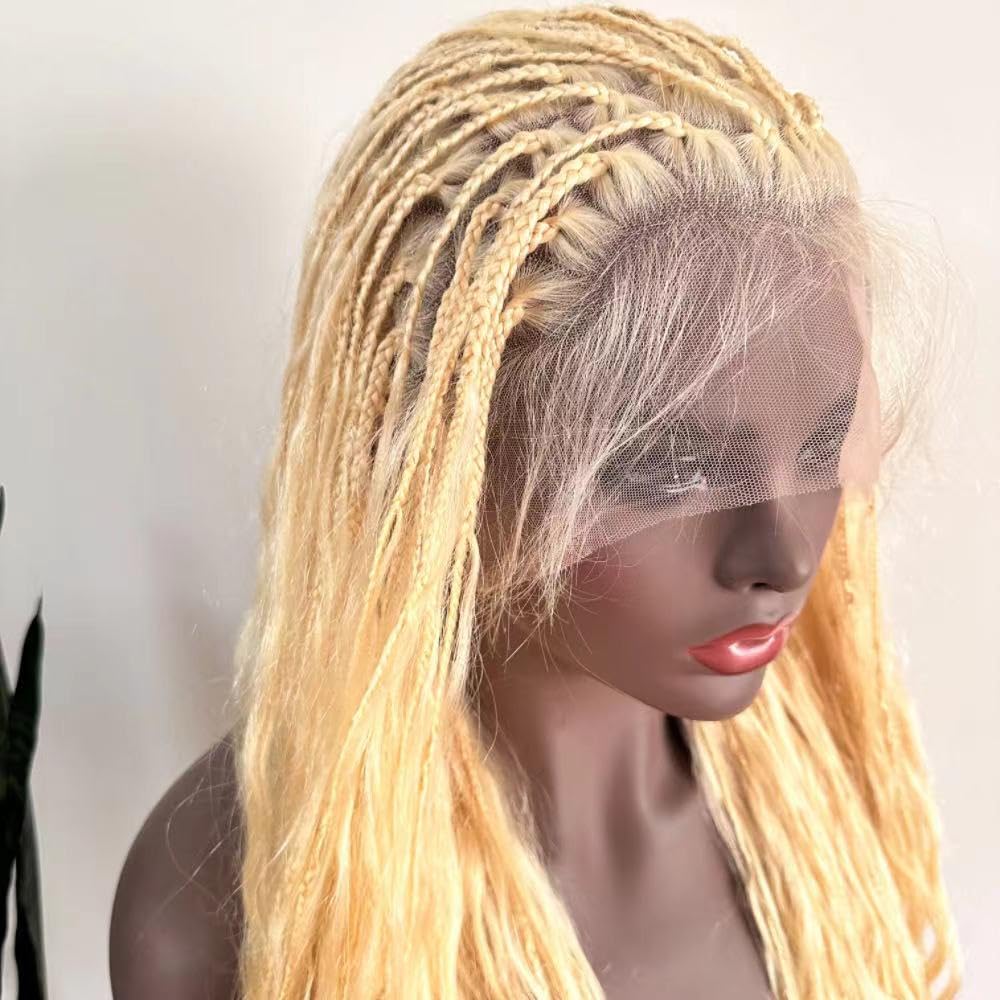 FlowerSeason Human hair #613 Color Boho Box Braids Wig 100% Human Hair BLonde Braided Wig Full Lace Long Square Parted Knotless 