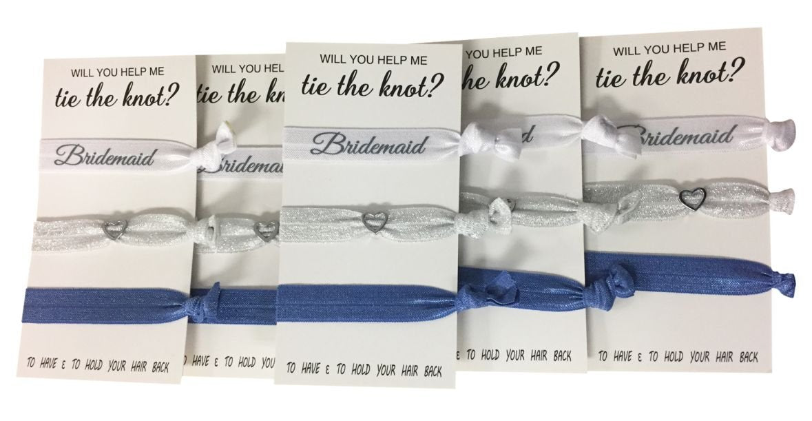 Bridesmaid Hair Ties, Bridesmaid Proposal Gifts-5 Pack Navy Ribbon Hair Ties Kit No Crease Elastics Handtied Ouchless Ponytail H
