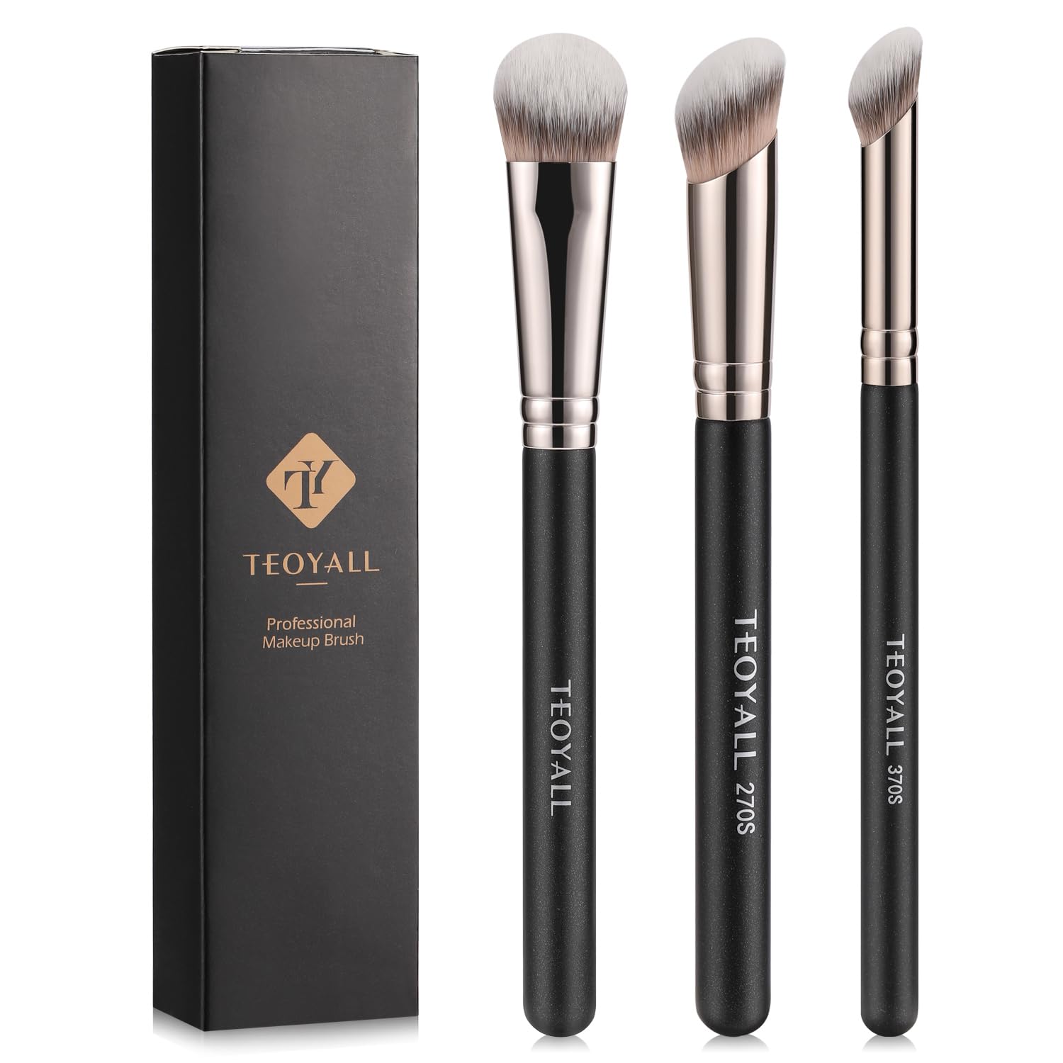 Teoyall 3 Piece Black Wood Contour Conceal Brush Set With Angled Synthetic Concealer Brush For Liquid, Cream And Powder Cosmetic