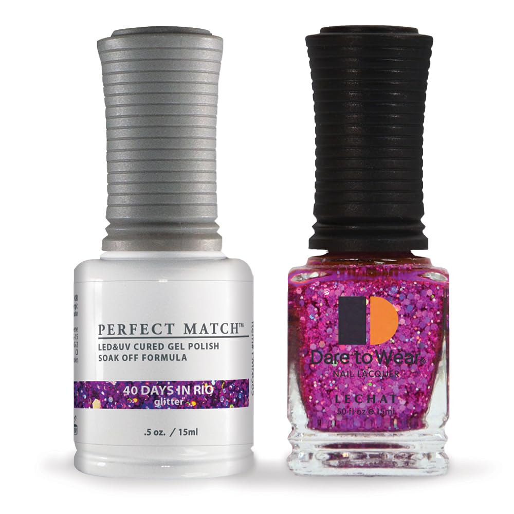 LeChat - Perfect Match Gel Polish - 40 Days In Rio - Purple and Pink Holographic Hexes and Pink Micro Glitter on a Sheer Orchid 