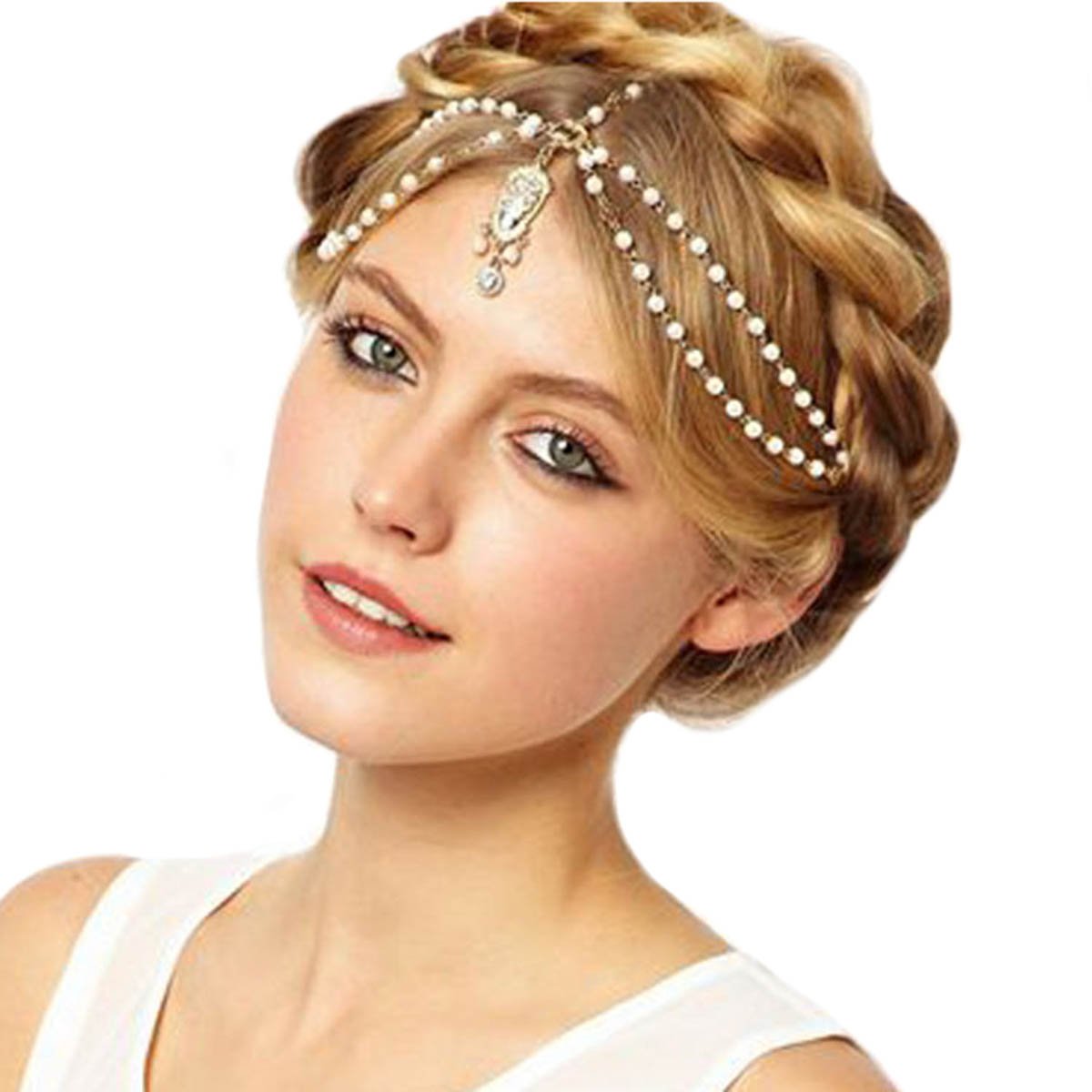 Aukmla White Indian Chain Hair Jewelry Boho Festival Egyptian Head Chain Pendant Headpiece Beads Gold bridal Hairstyle Pearls Ch
