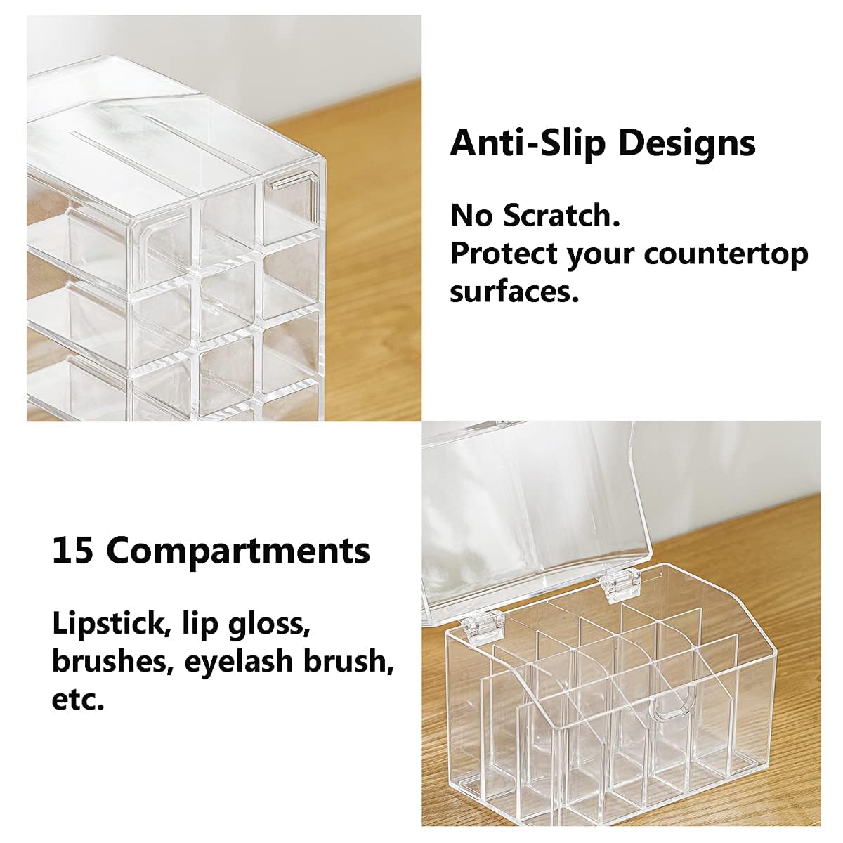 MORNITE Cosmetic Organizer Storage, Lipstick Organizer with Lid, Lipsticks Dresser Holder Box Case Countertop Makeup Tray, Clear