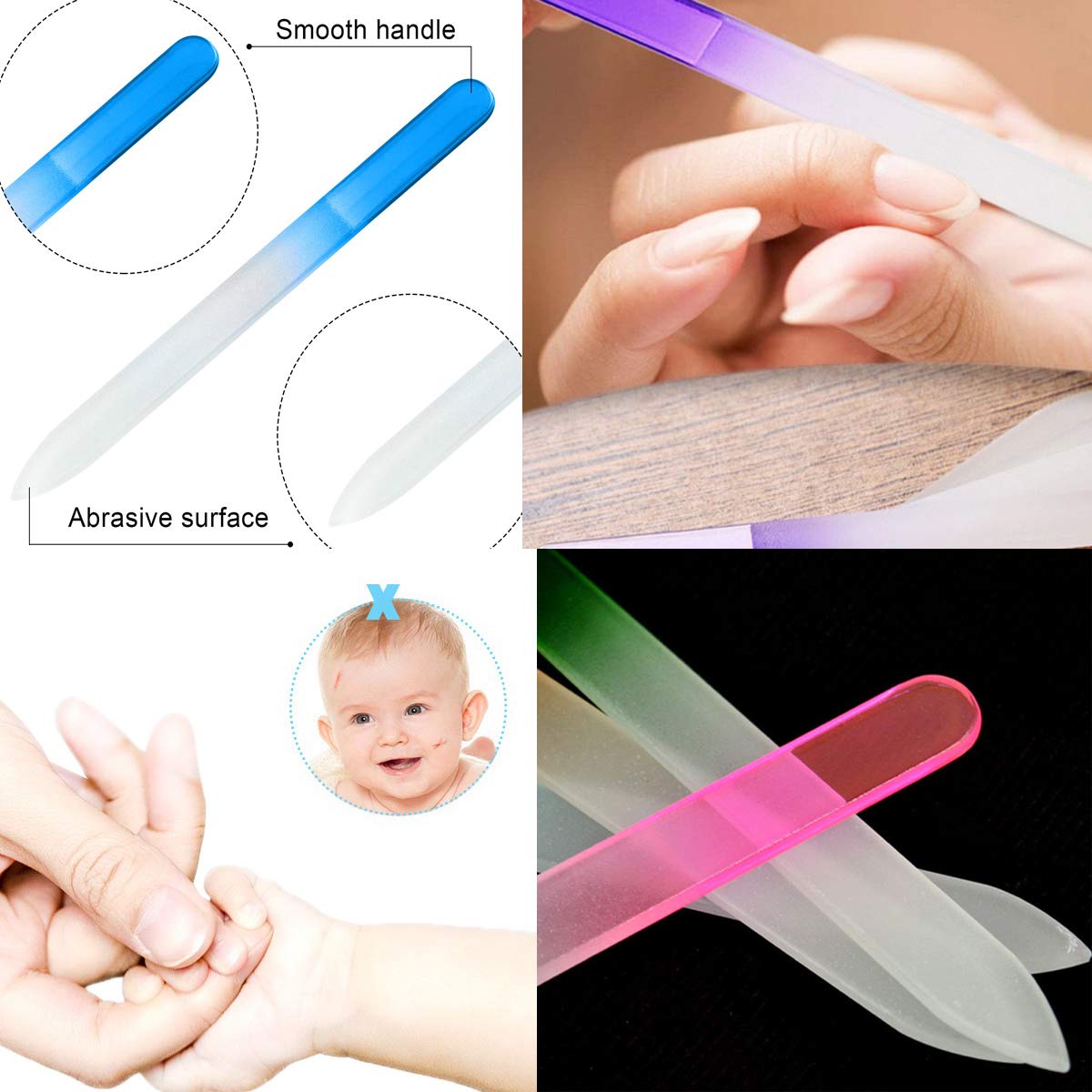 QRWT 12 Pack Glass Nail Files Set - Double Sided Crystal Glass, Multi Color, Fingernail Care, Model SCH-015