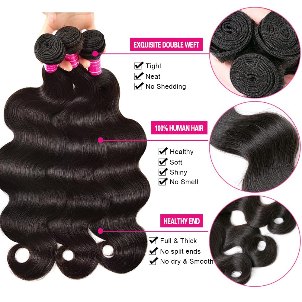 Body Wave 3 Bundles With Closure Human Hair Bundles With Closure 10A Brazilian Virgin Body Wave Human Hair Weave Bundles With 4X