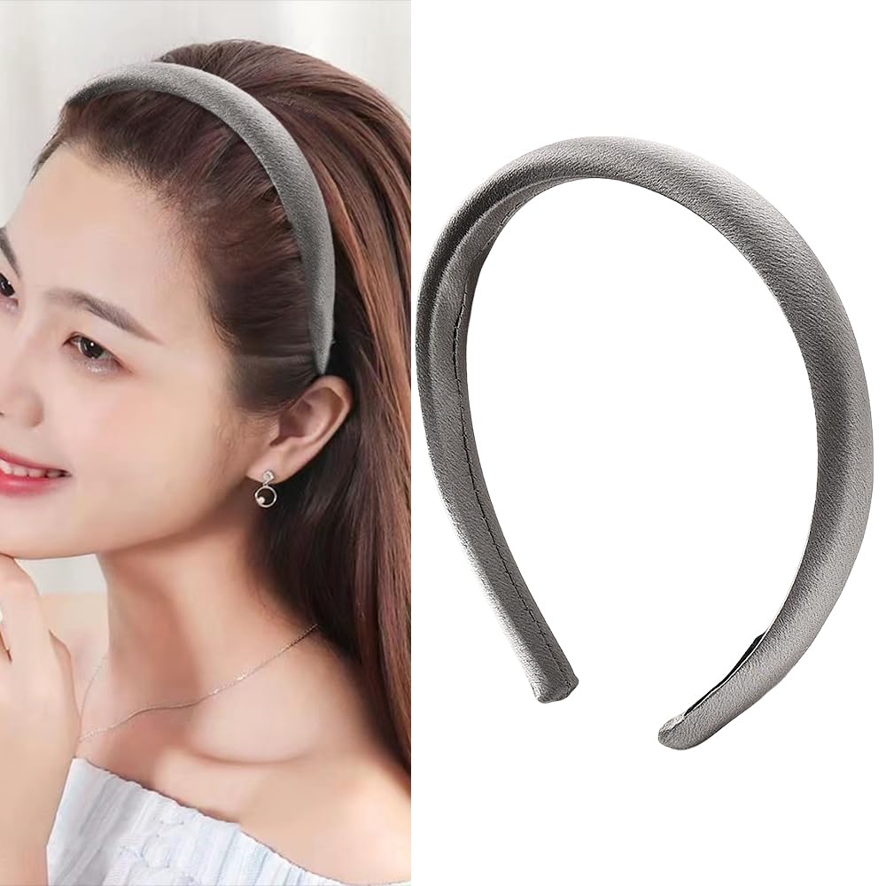 Silver Padded Headband Hairband Thin Satin Headbands for Womens Hair Silky Satin Hairband Headwear Headdress No Crease Padded He