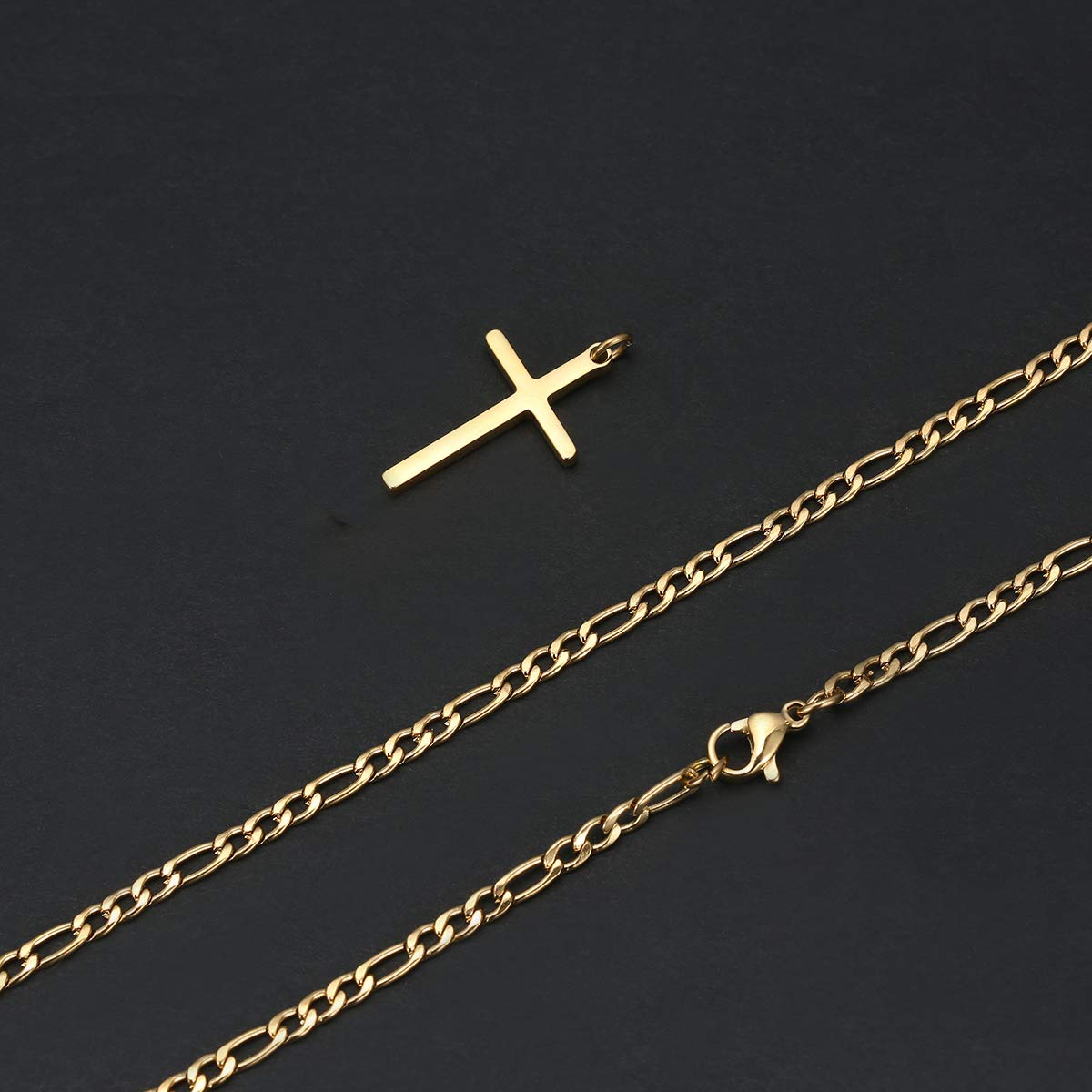 14K Gold Filled Cross Necklace for Men Figaro Chain Stainless Steel Plain Polished Cross Pendant Necklace Simple Faith Jewelry G