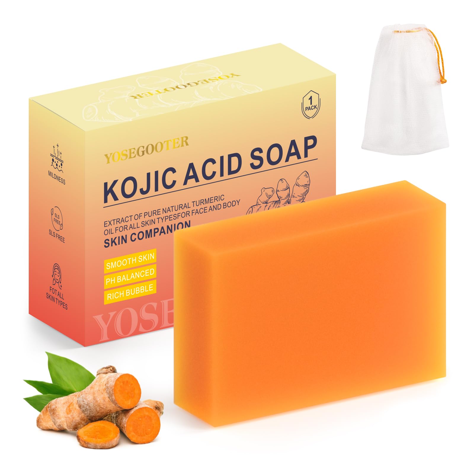 YOSEGOOTER Turmeric Kojic Acid Soap Bars - Face&Body Dark Spots Remover, Natural and Organic Ingredients Skin Care Body Wash Pad
