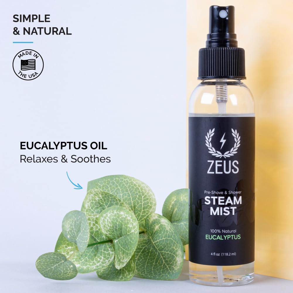 Zeus Natural 100% Eucalyptus Essential Oil Shower Steam Mist, Aromatherapy Spray For Room, Bath, Congestion & Pre-Shave, Sauna &