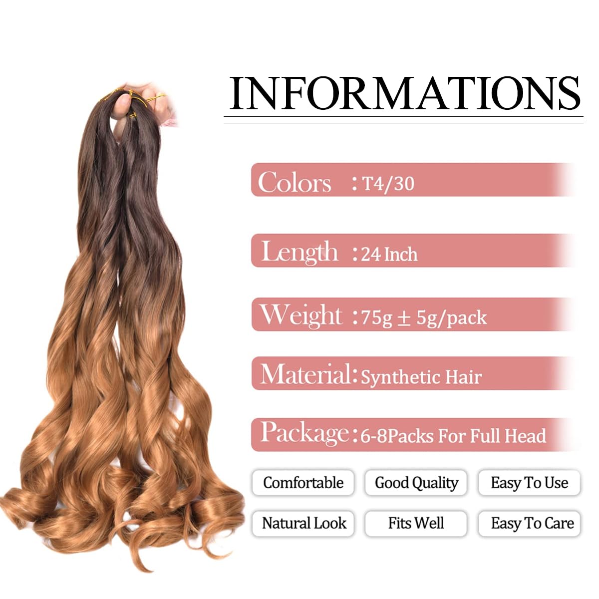Luoyudu French Curly Braiding Hair,24 Inch #T4/30 Loose Wavy 8 Pack Bouncy French Curl Braiding Hair Extensions 75g/Pack Synthet