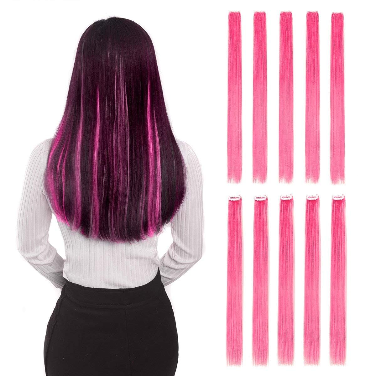 Colored Clip in Hair Extensions 20'' 10pcs Straight Fashion Hairpieces for Party Highlights Pink