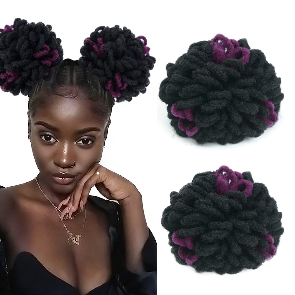 Yinmei Baibian 2Pcs Purple Locs Ponytail Dreadlocks Bun Drawstring Locs Ponytails Hair Curly Braided Petal Bun Chignon Faux Brai