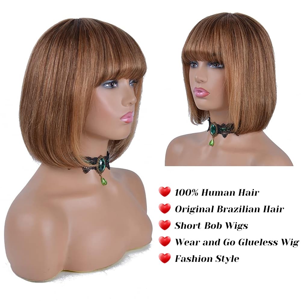 Rebasar 12 Inch Bob Wigs Human Hair With Bangs Straight Wigs Brazilian Virgin Hair Glueless Wear And Go Wig Ombre Blonde Highlig
