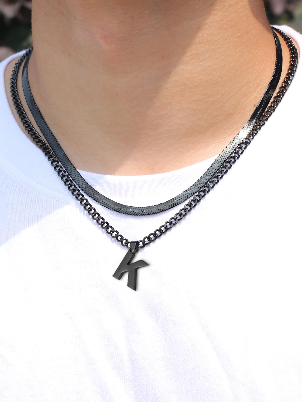 P.BLAKE Layered Initial O Pendant Necklace for Men, Stainless Steel Letter Cuban Link Herringbone Chain Jewelry Collar Cadenas P