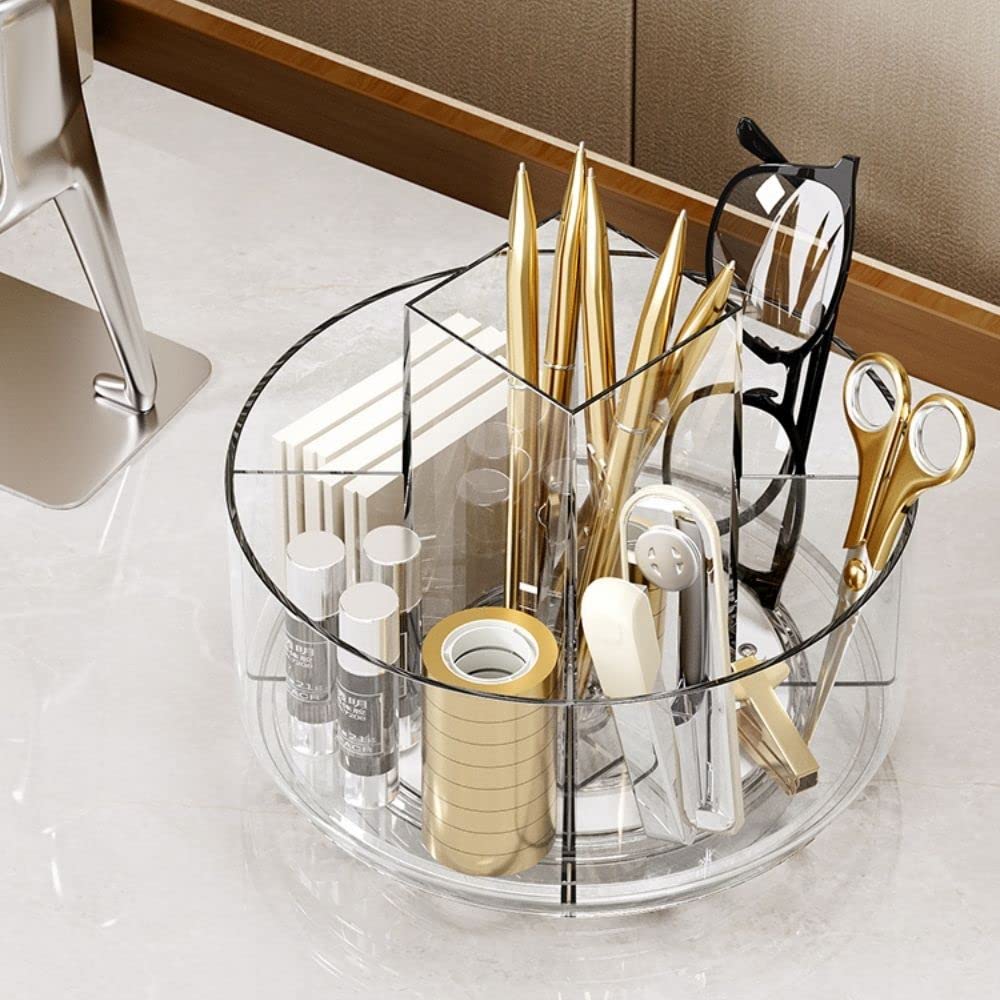 Linfidite 360 Rotating Makeup Organizer Clear Cosmetic Storage Holder Tray With 6 Compartment Makeup Brush Lip Gloss Organizer C