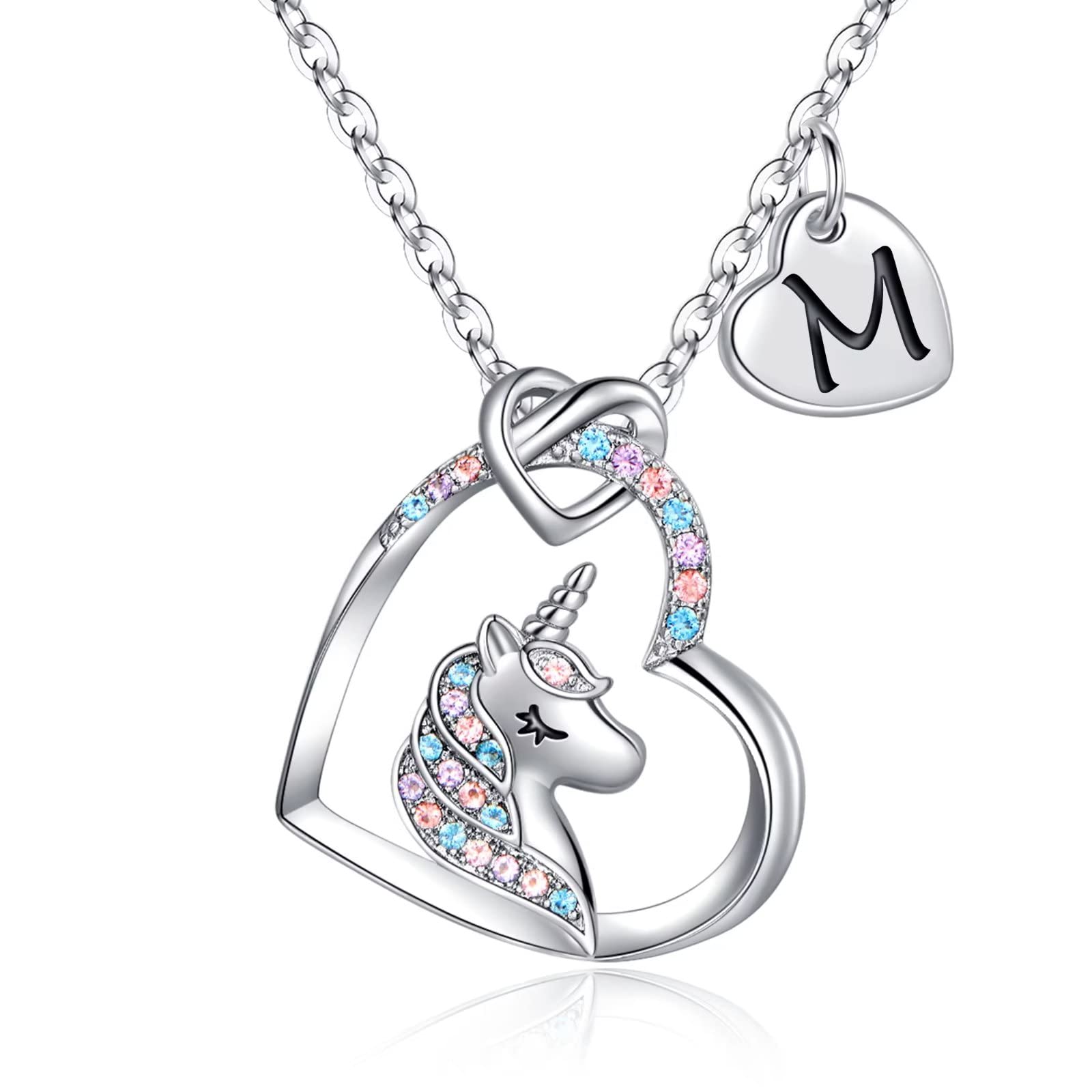 Hiddepoo Unicorns Gifts for Girls Gifts - Silver Heart Alphabet M Unicorn Necklace Girls Jewelry Initial Unicorn Necklaces for T