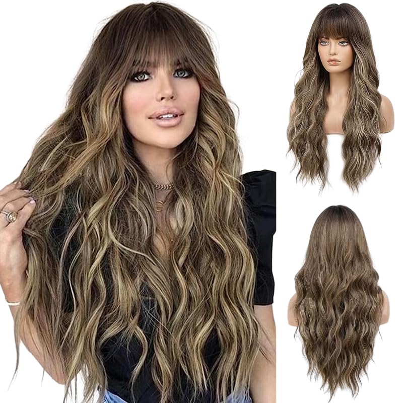 HAIRCUBE Brown with Blonde Highlight Wig Long Curly Wig with Bangs Brown wig Natural Appearance Heat-Resistant Synthetic Wig Sui