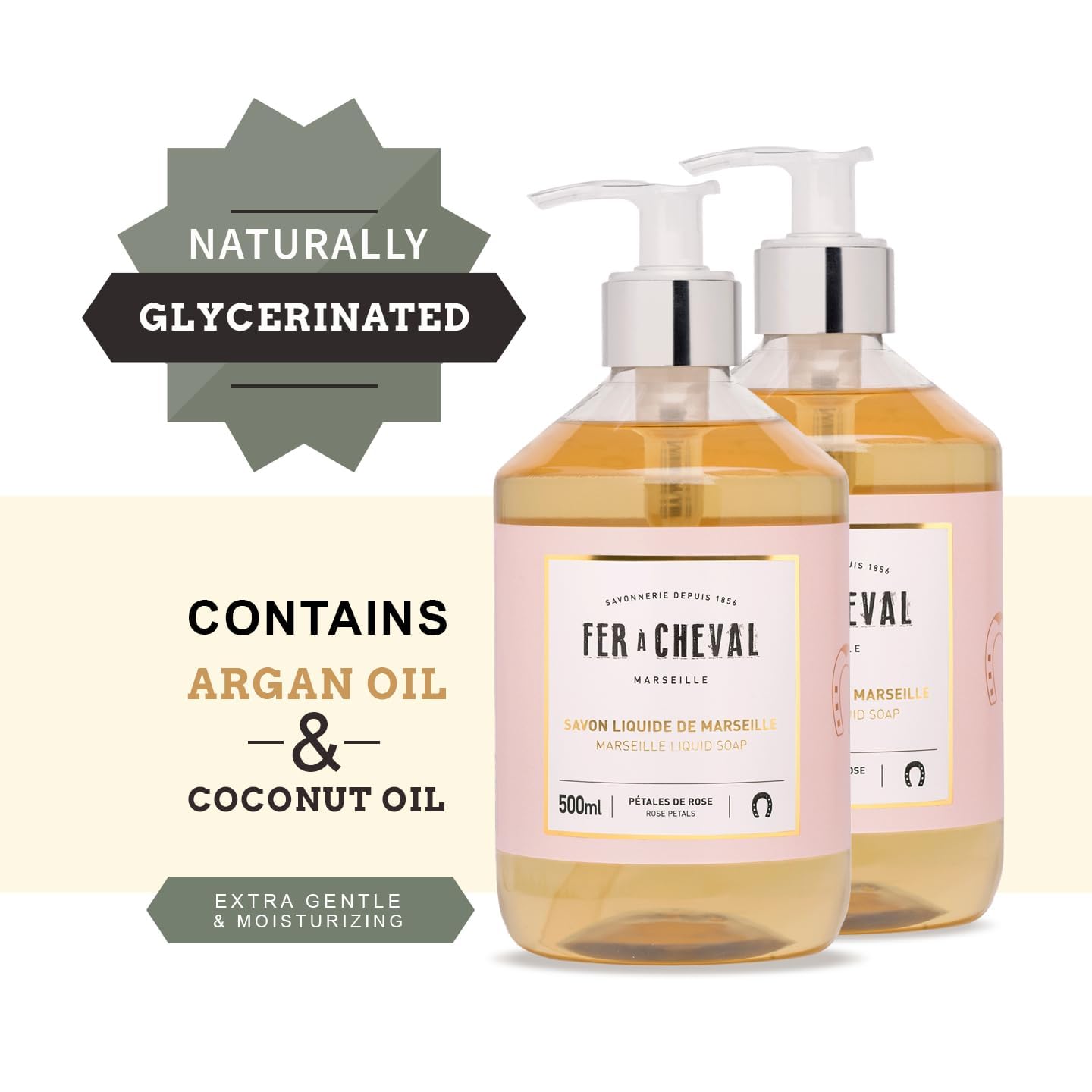 Fer  Cheval Marseille Liquid Soap Rose Petal - Hydrating Hand Soap with Argan & Coconut Oil, No SLS/Parabens, 2-Pack, 500 ml/16.