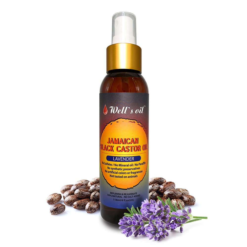 Wells Oil Jamaican Black Castor & Lavender Oil Spray for Hair | 4 oz (118 mL) | Lightweight Scalp & Hair Moisturizing Oil | Bot