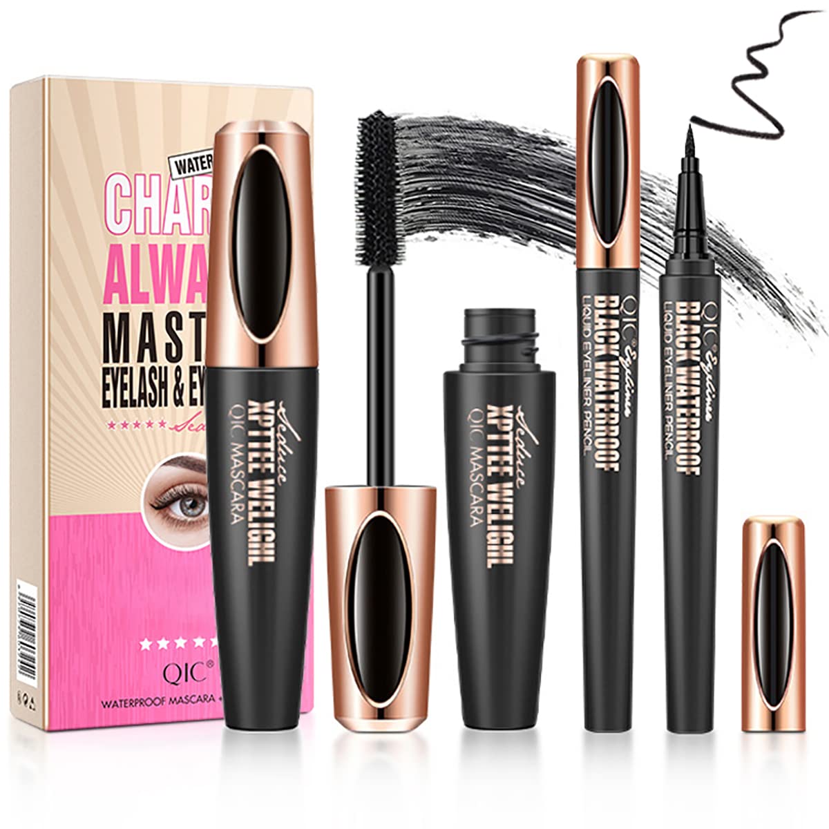 4D Silk Fiber Lash Mascara & Eyeliner Pen, Extension Voluminous Fiber Mascara Waterproof & Smudge-Proof Eyeliner, Long-Lasting N