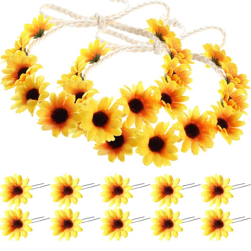 10 Pieces Sunflower Hair Clips Floral Hair Clips with 2 Pieces Sunflower Wreath Hippie Headband Sunflower Hairpins for Women Wed