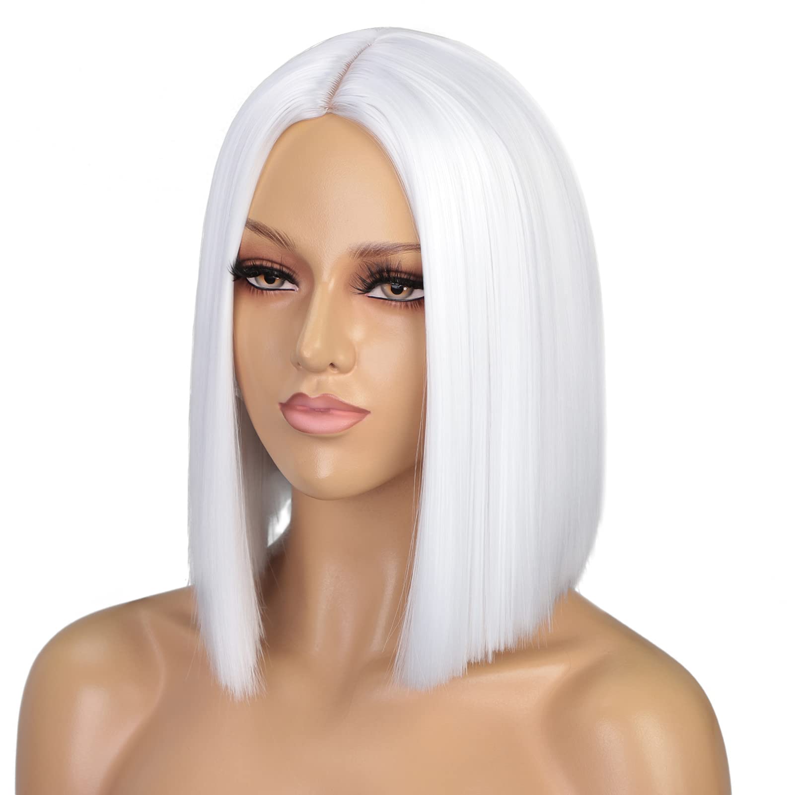 Entranced Styles White Wig Short Bob Wigs For Women 12Inch Heat Resistant Middle Part Straight Synthetic Wig Party Costume Hallo