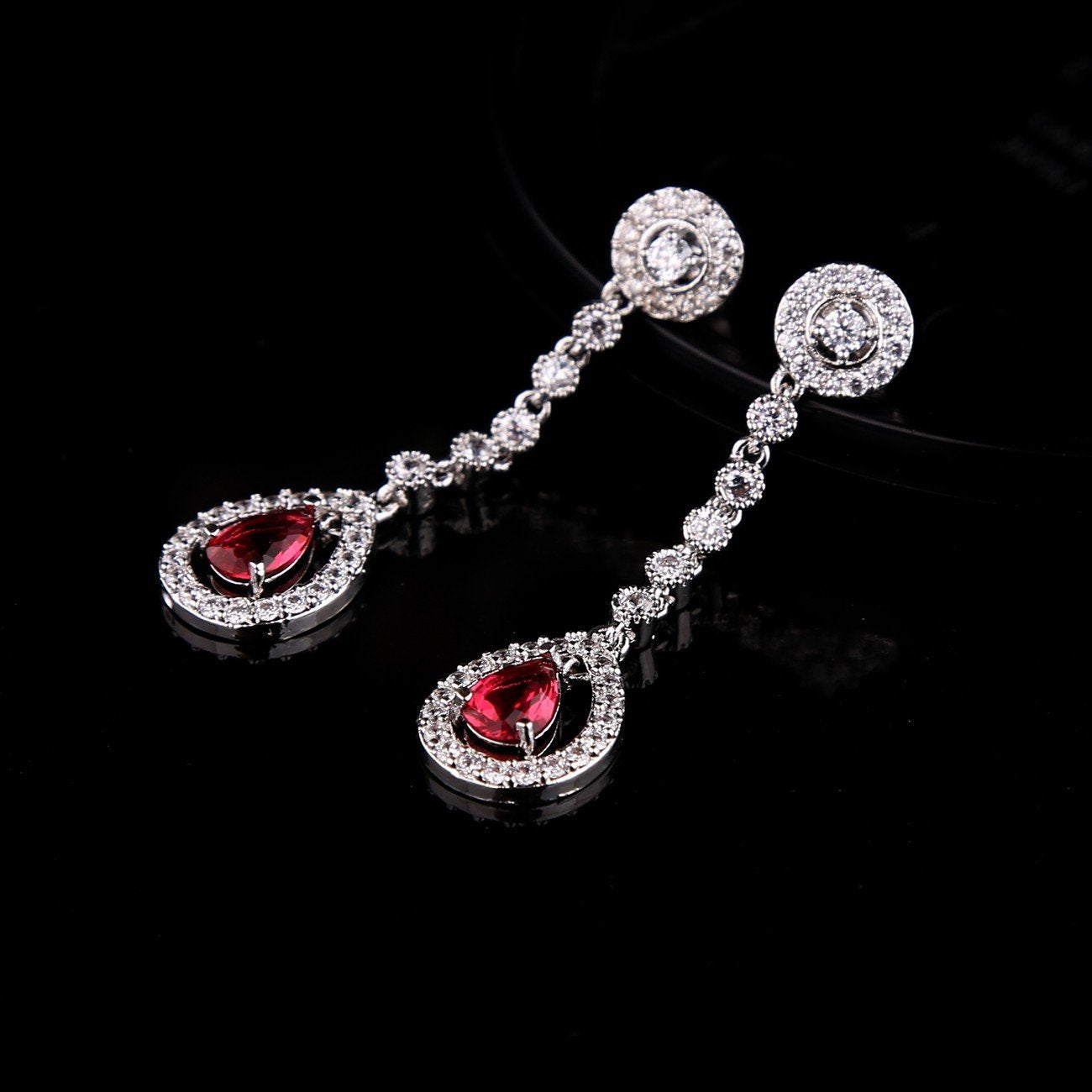 GULICX Silver Tone Ruby Color Red Jewelry Set Necklace Earrings Wedding Party Jewelry Silver Tone
