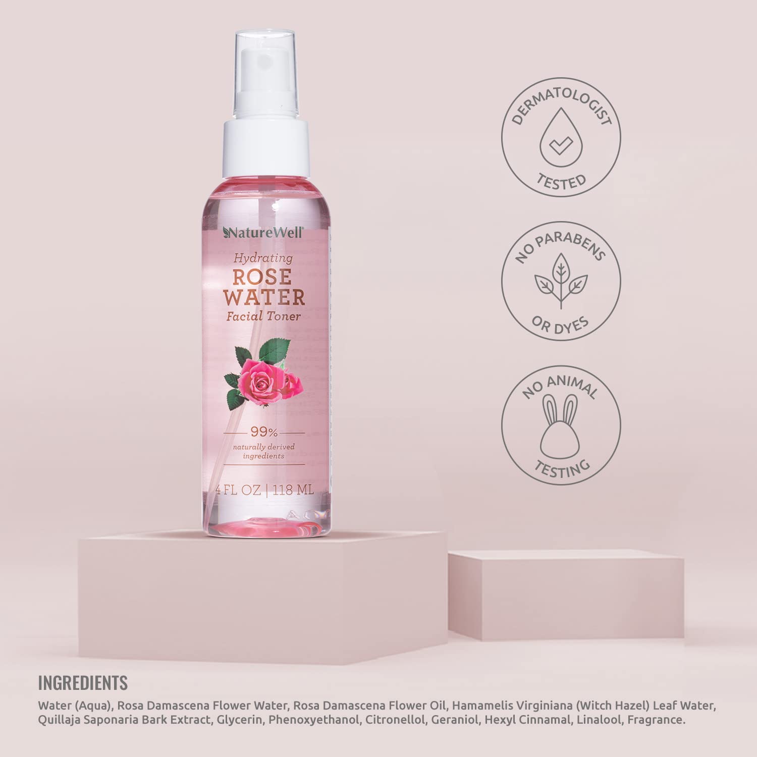 Naturewell Rose Water Hydrating Facial Toner Mist For Dewy & Radiant Skin, 100% Vegan, Refreshing, Conditioning, Soothing, Redne