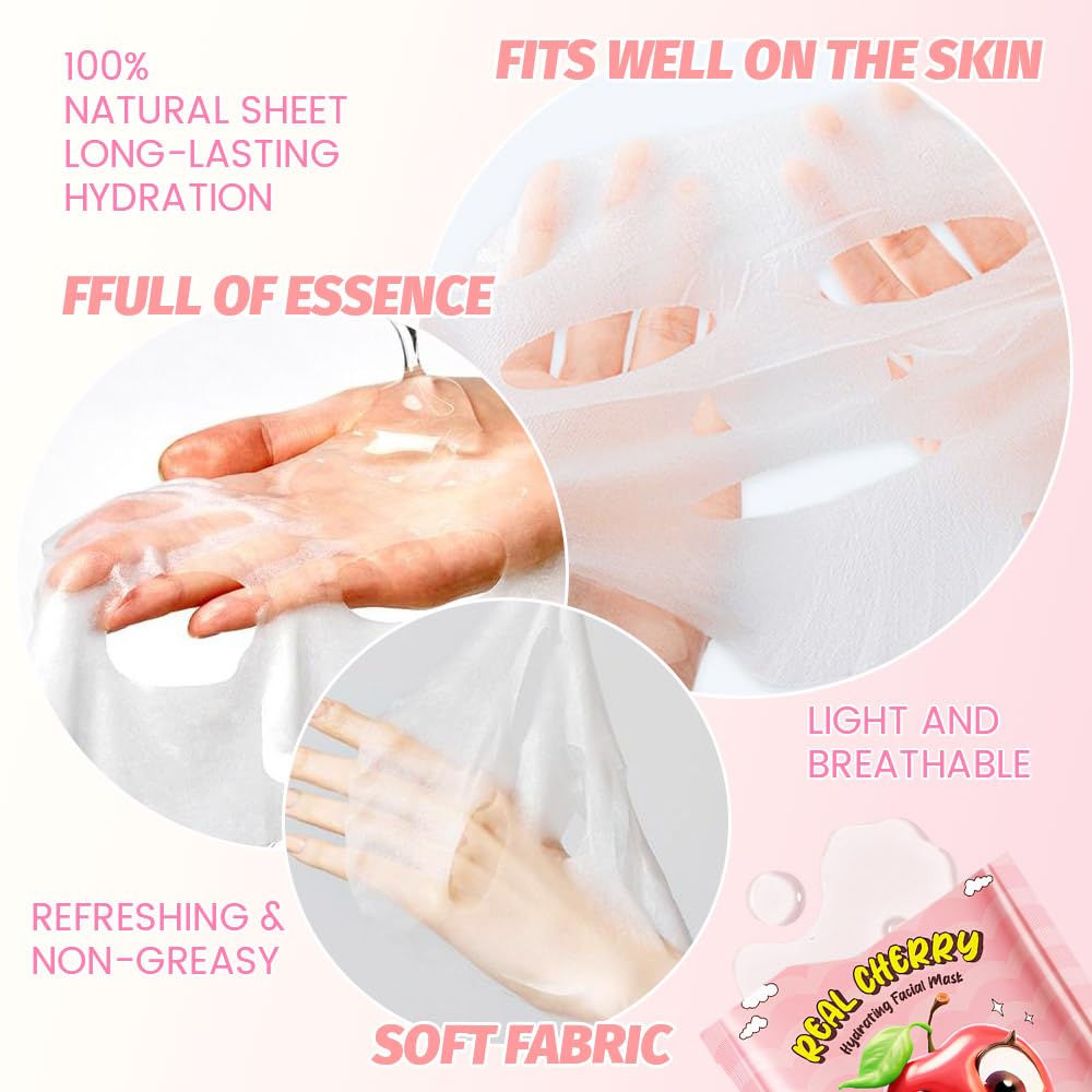 Kaely 10 Pack Cherry Face Masks For Kids, Spa Party Facial Mask Skincare Set, Sheet Masks Skin Care, Moisturize Brighten Soothe