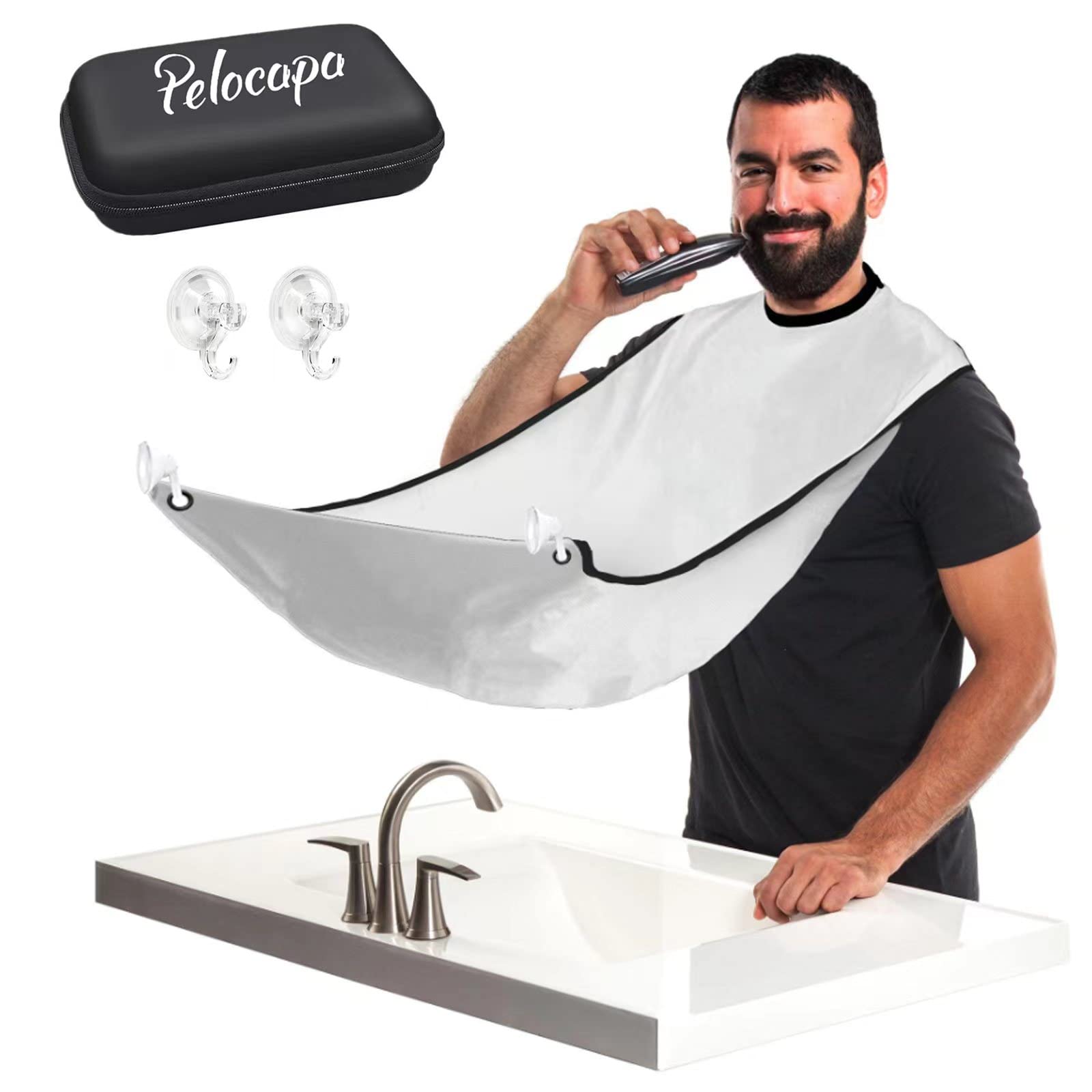 Pelocapa Beard Grooming Bib for Men, Non-stick Beard Shaving Catcher, Beard Trimming Styling Bib with 2 Suction Cups and Storage