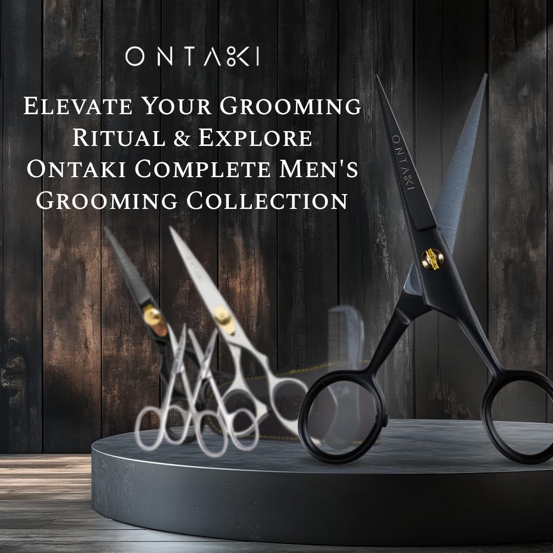 Ontaki 5 Professional German Beard & Mustache Scissors with 2 Comb & Carrying Pouch for Men - Bevel Edge for Precision - Facial