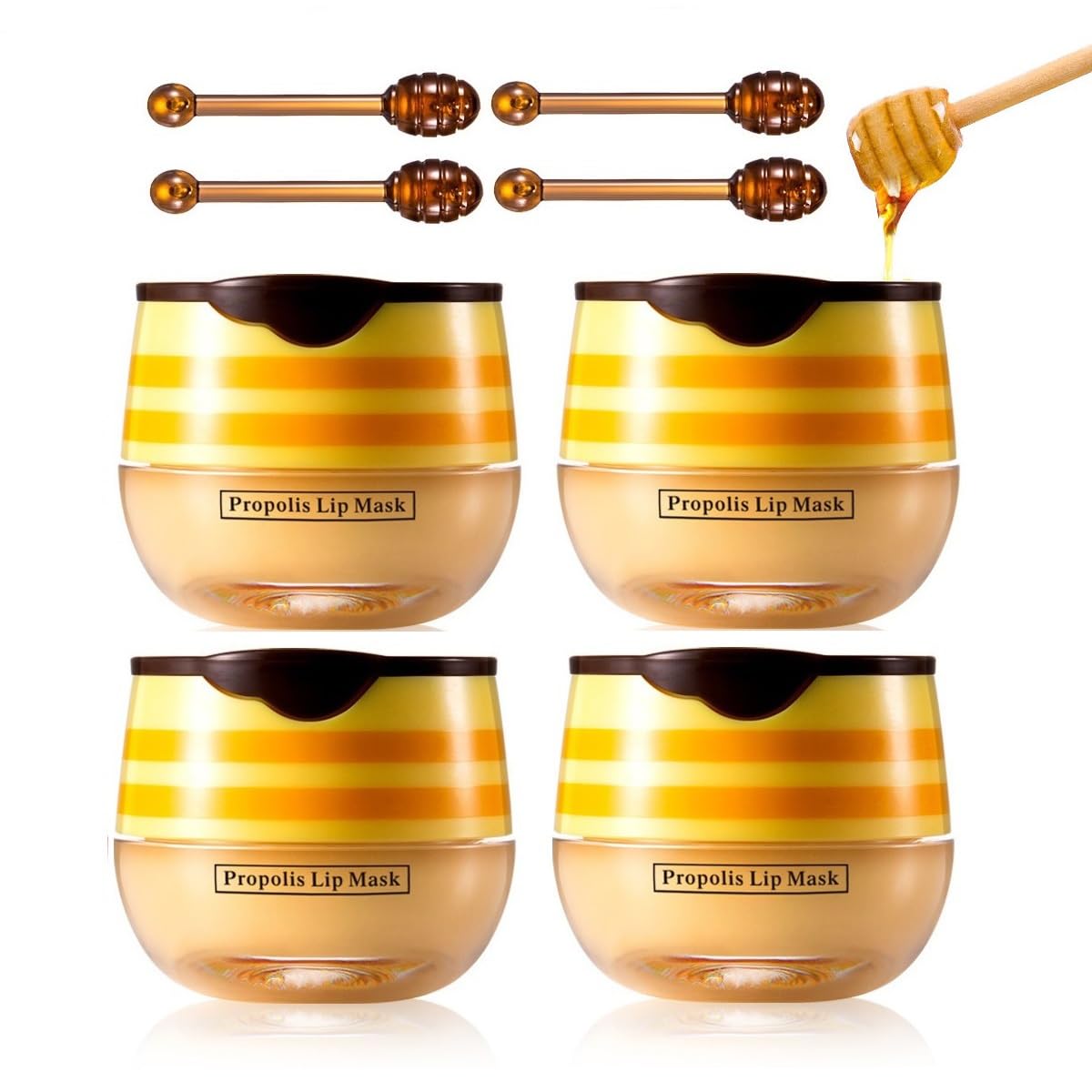 4Pcs Bee Lip Balm Honey Pot, Propolis Lip Mask Moisturizing Exfoliator Nourishing Care Lip Dry and Cracked. (Honey)
