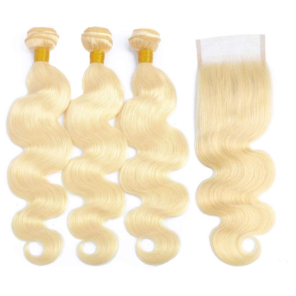 613 Blonde Bundles With Closure (12 14 16+10'') 12A Grade Brazilian Virgin Blonde Body Wave Hair 3 Bundles With Transparent Lace