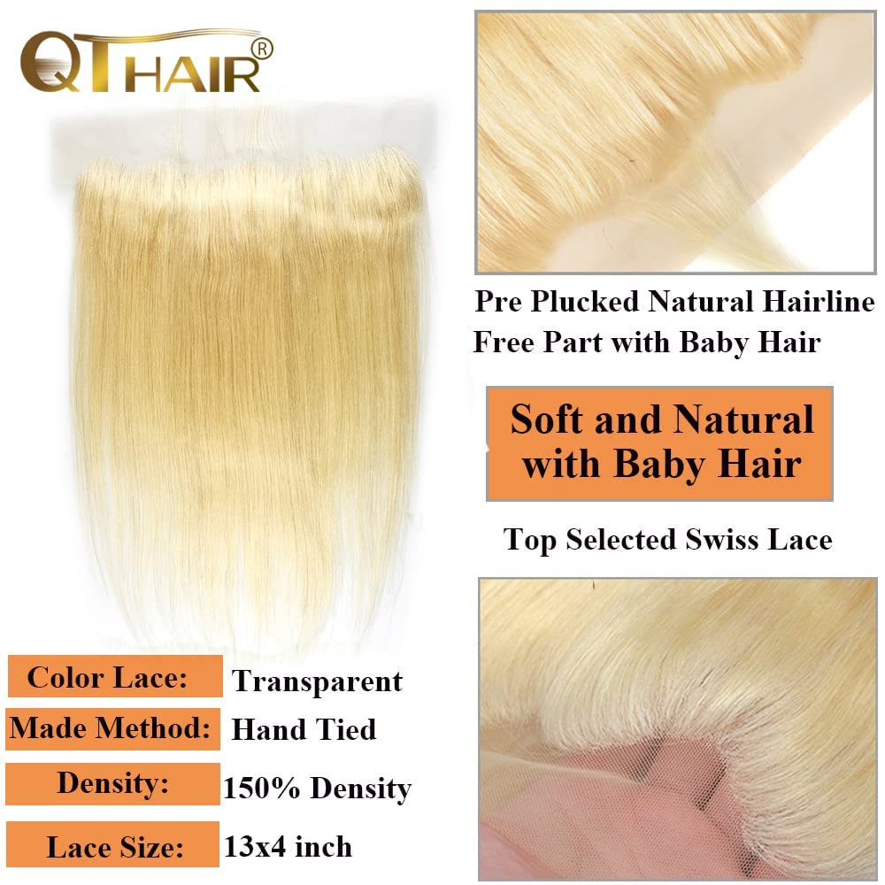 Qthair 12A Russian Blonde #613 Transparent Lace Frontal Closure 100% Russian Blonde Human Hair For Women (12'', #613 Straight Fr