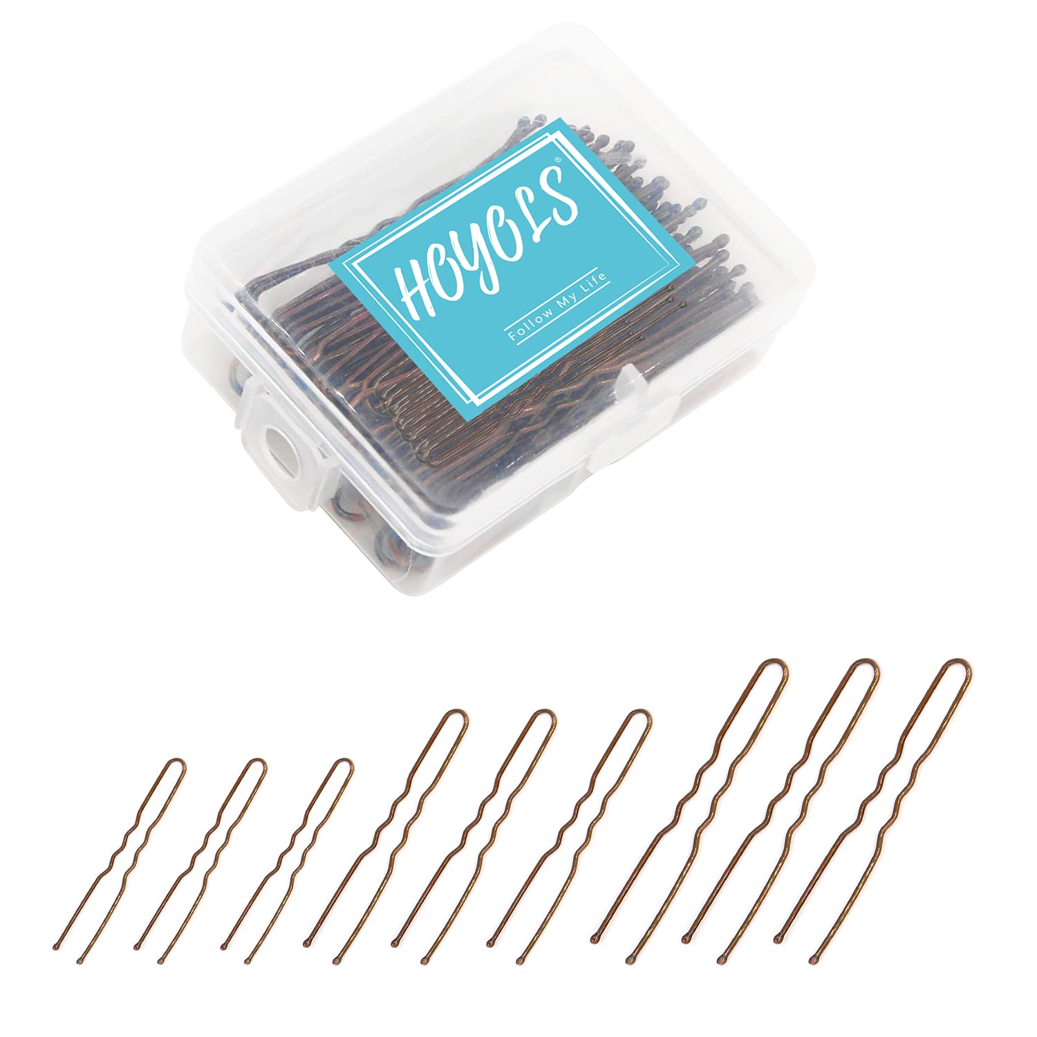 HOYOLS U Shaped Hair Pins Brown, Assorted Size U Shape Bobby Pins, Metal Bun Clips Hairpin Crimped Design with Ball Tips for Bun