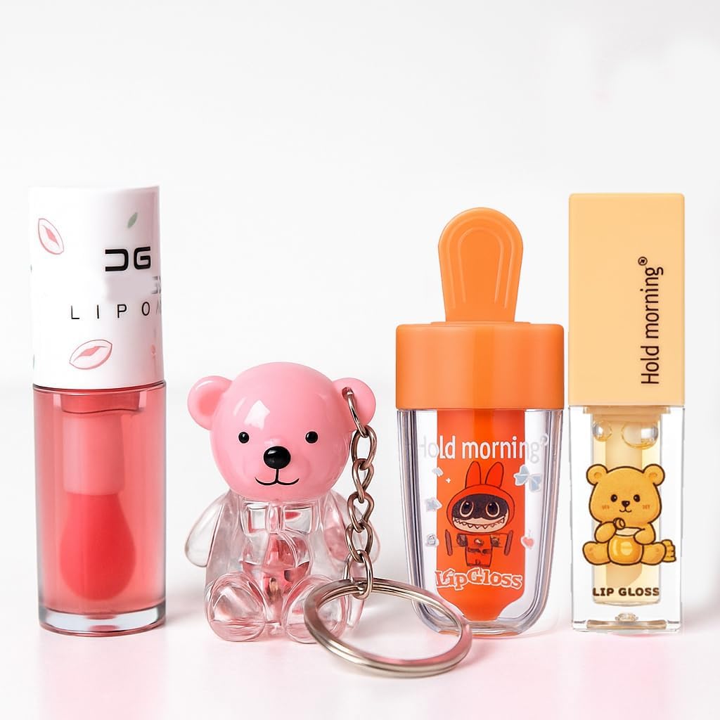 Viral Korean Kawaii Lip Gloss Combo Set Of 4  Heart, Candy, Toffee & Bottle Shape | Natural Pink Tint | Cute Flavored Mini Lip 