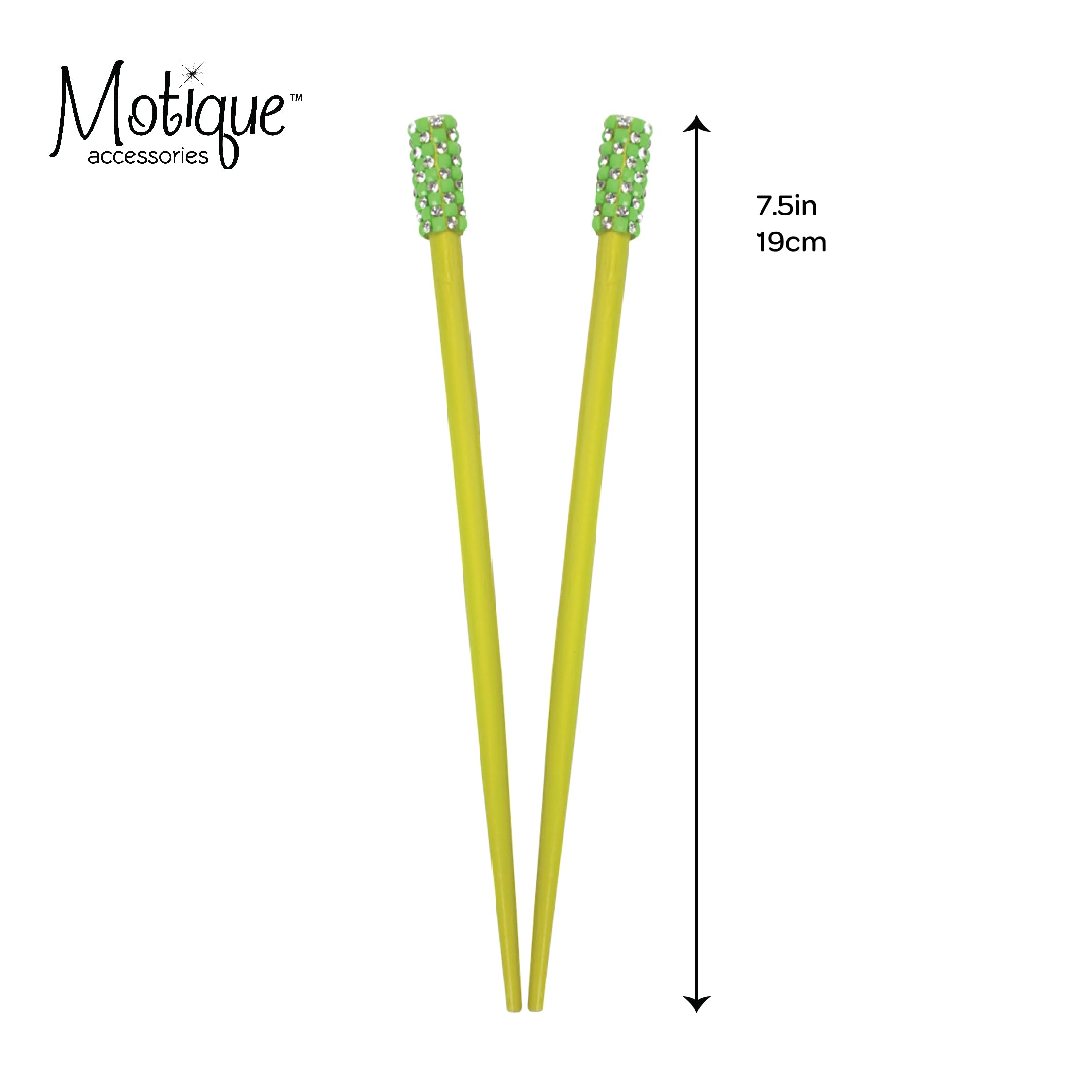 Set Of 2 Hair Sticks Chopsticks With Colored Studded Tops 7.5 Inches Long For Women - Green