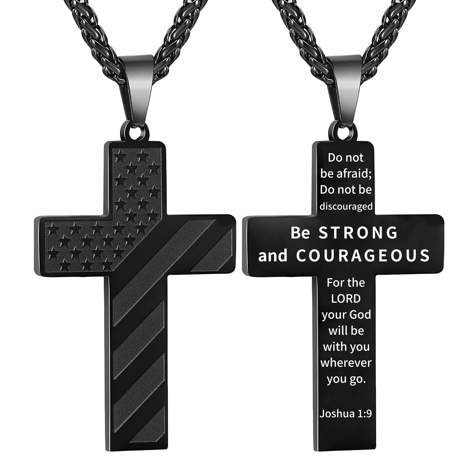 DuoDiner Black Cross Necklace for Men Boys Pendant Chain American Flag Joshua 1:9 Baptism Religious Christian First Communion Co